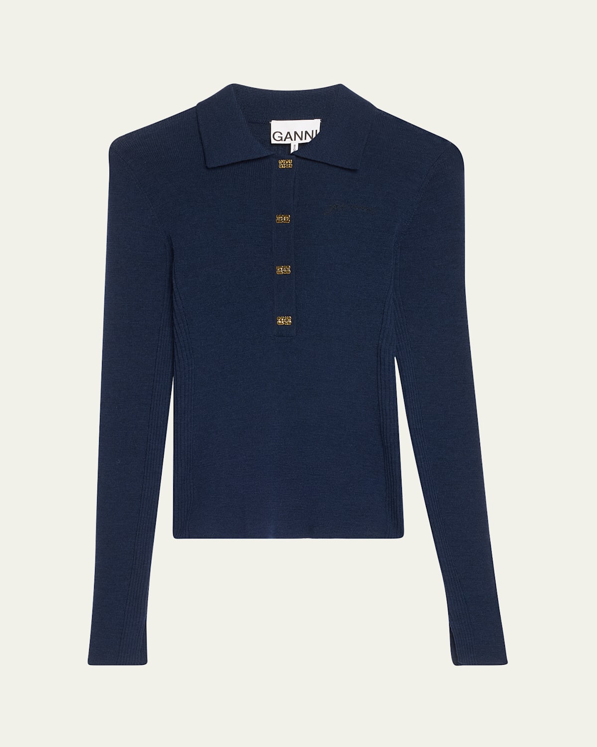 Ganni Long-sleeved Merino Wool Polo Shirt In Navy