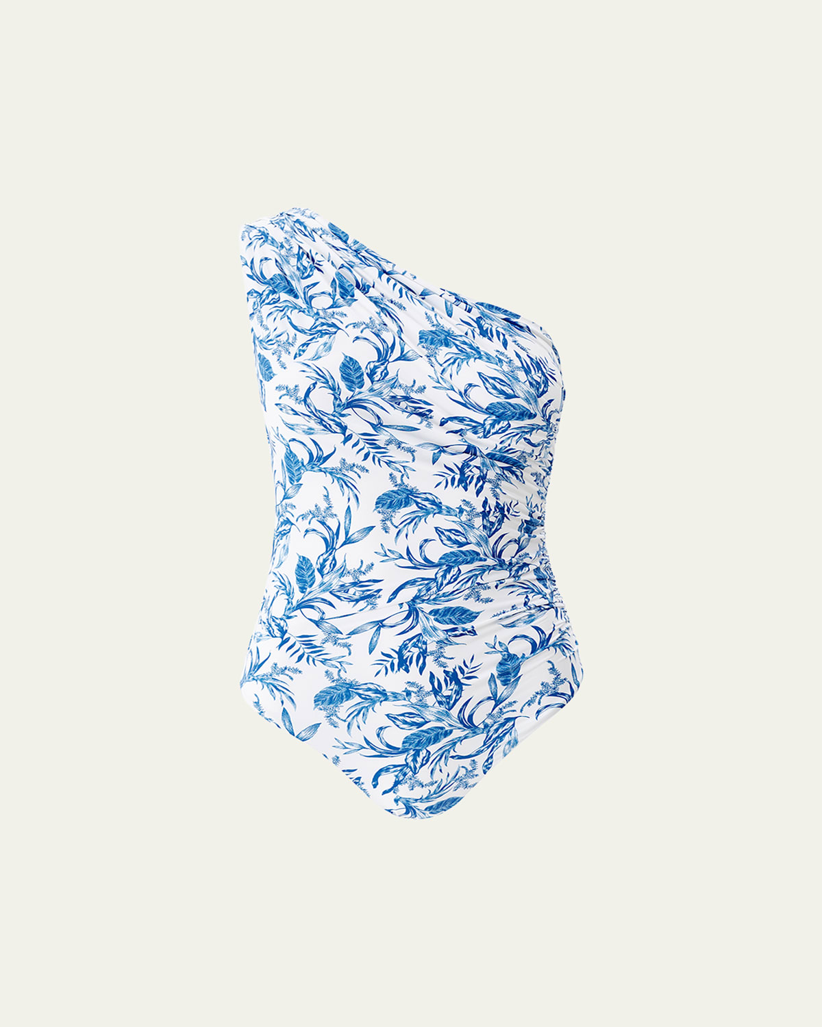 Melissa Odabash Leaf Arizona Ruched Asymmetric One-piece Swimsuit In Blue Leaf