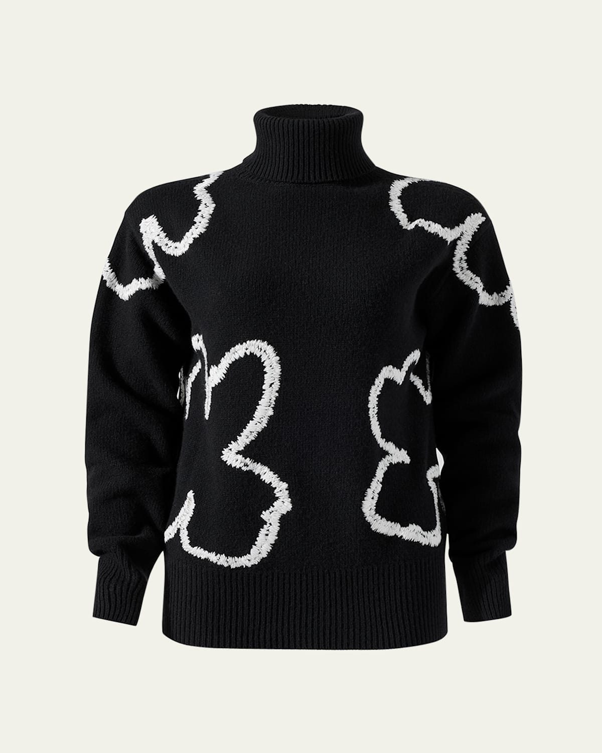 Carolina Herrera Floral Embroidered Turtleneck Sweater In Blk/wht