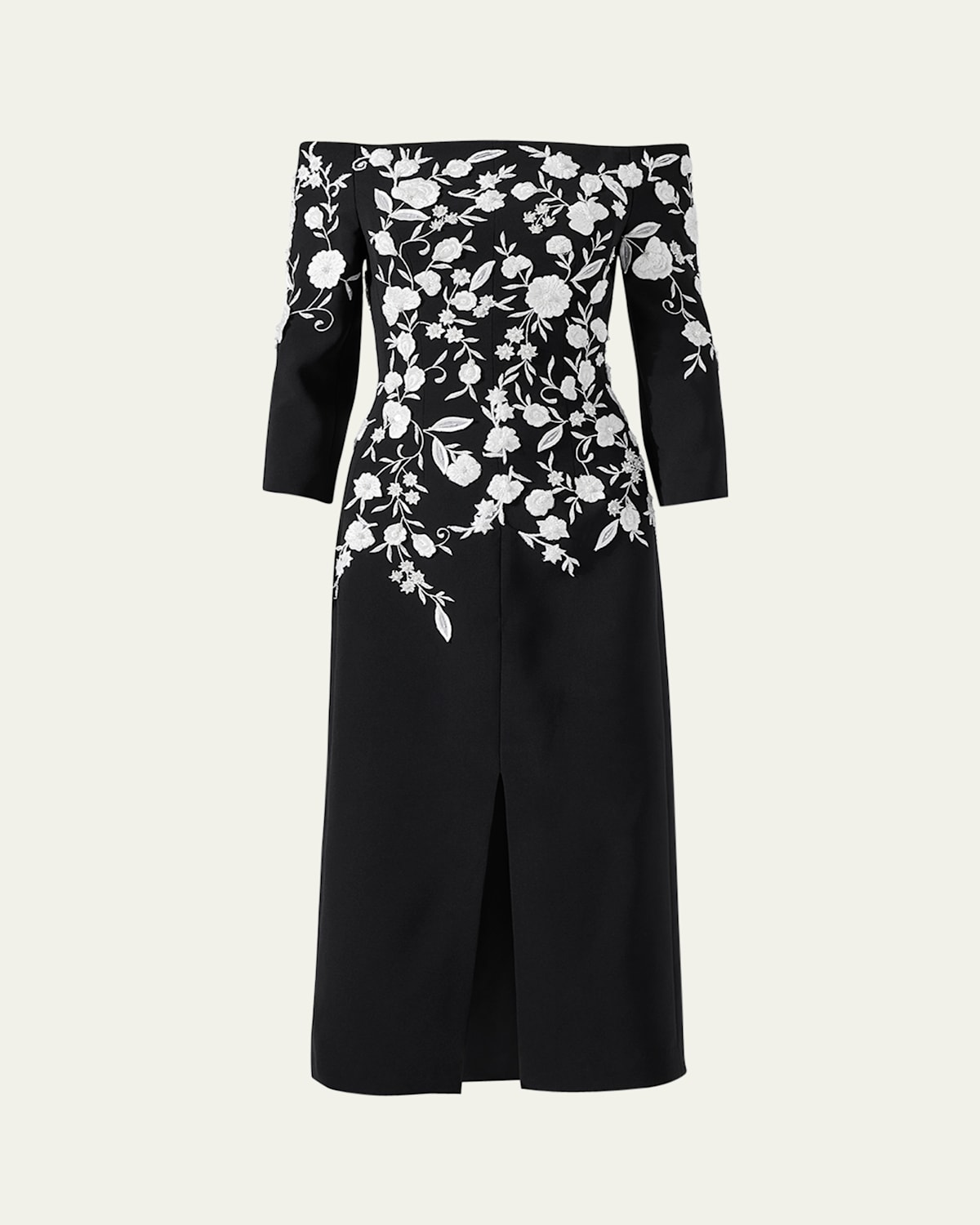 Carolina Herrera Floral-embroidered Midi Dress In Blk/wht