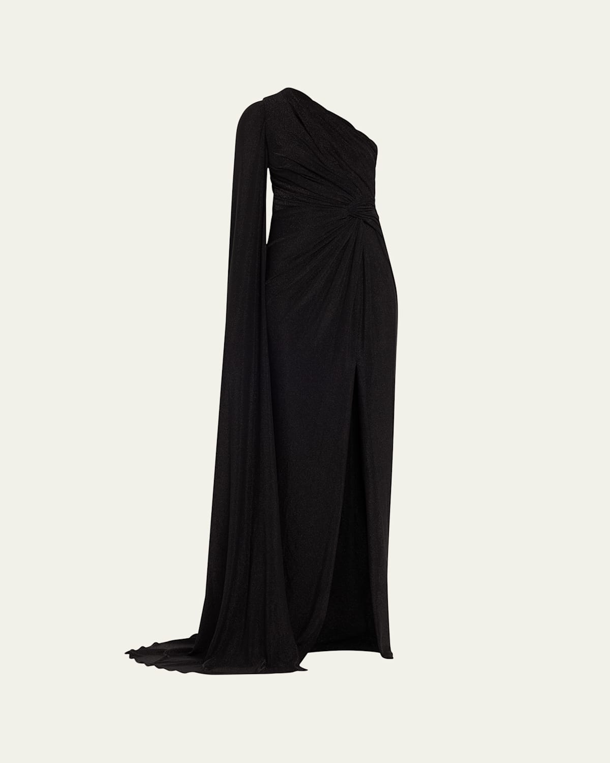 Metallic Jersey Cape-Sleeve Gown