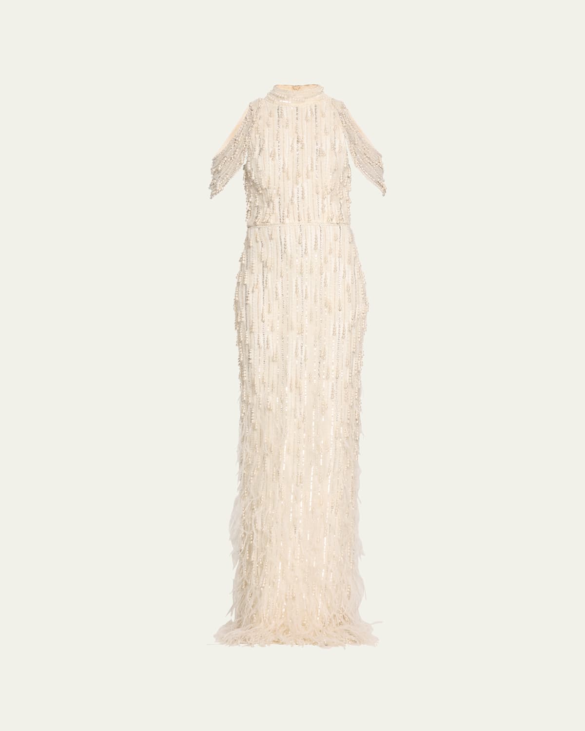 Pamella Roland Fringe Beaded Cold-shoulder Tulle Gown In Ivoryivory