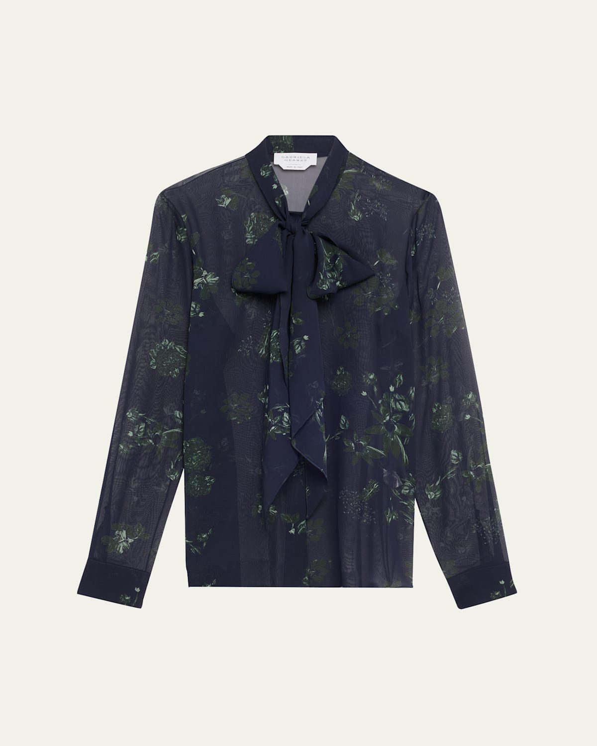 Gabriela Hearst Shildon Sheer Floral Scarf-tie Top In Dark Navyemerald Gr