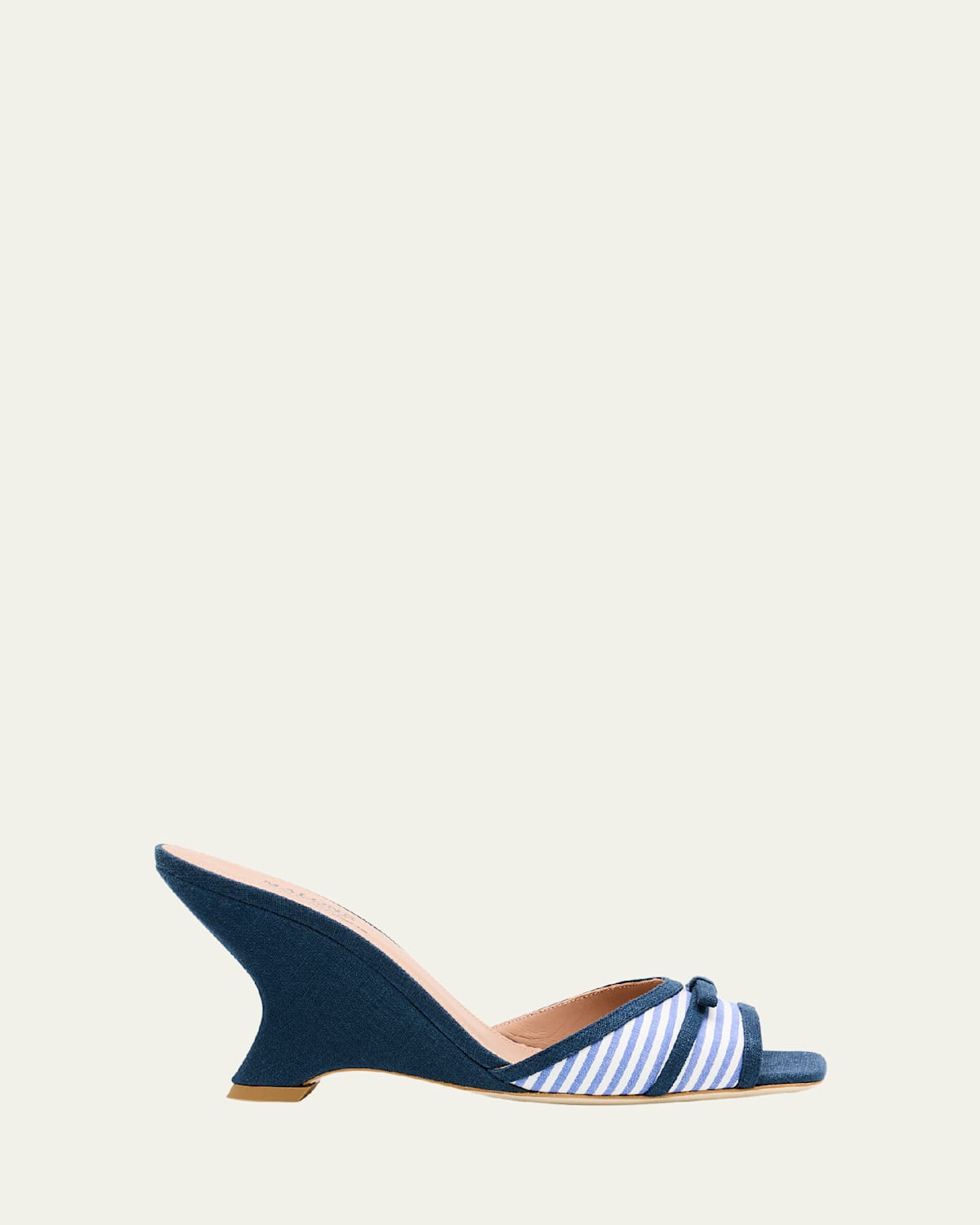 Malone Souliers Isla Striped Bow Mule Wedge Sandals In Navy