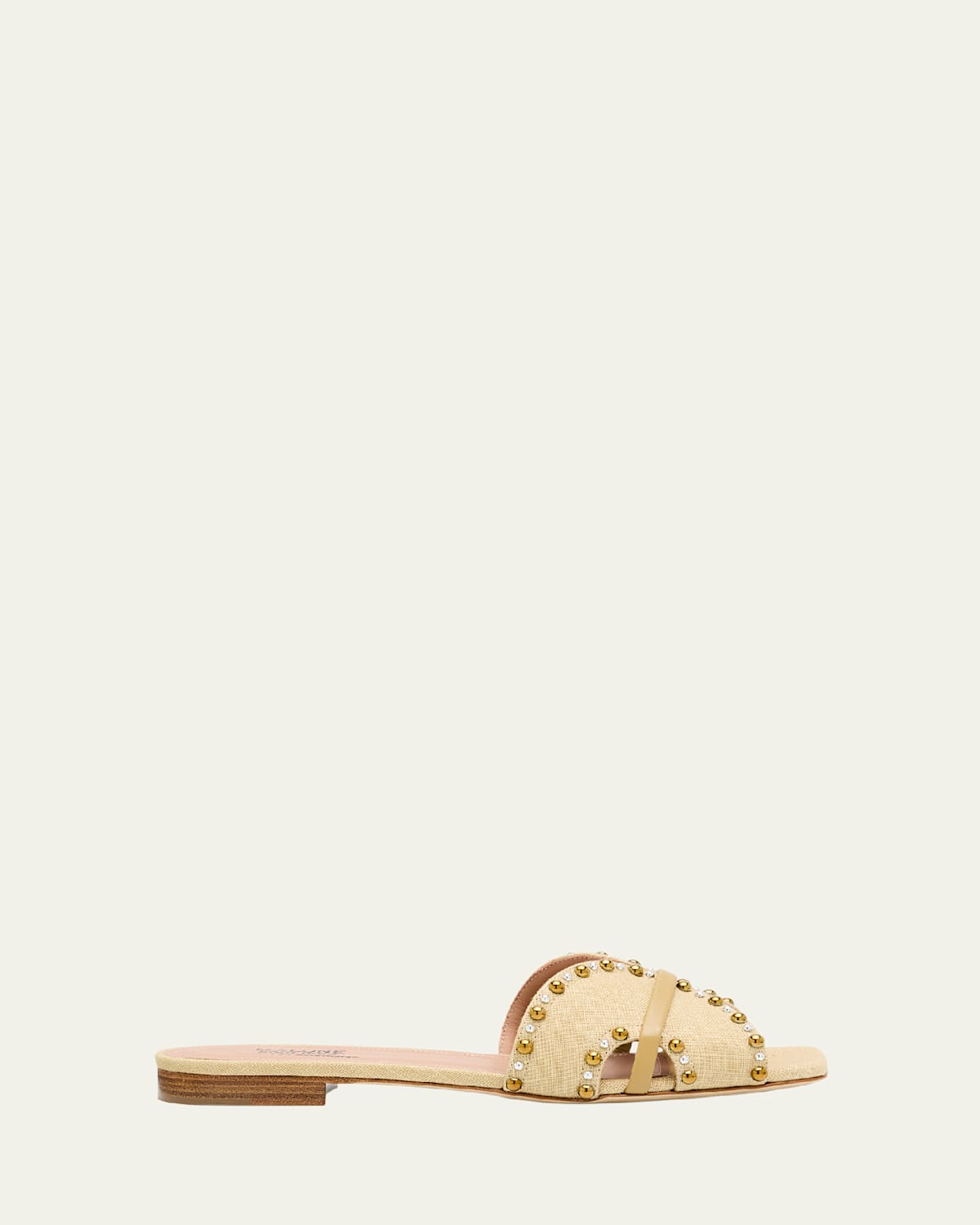 Shop Malone Souliers X Tabitha Simmons Keke Studded Linen Flat Slide Sandals In Beige Buff