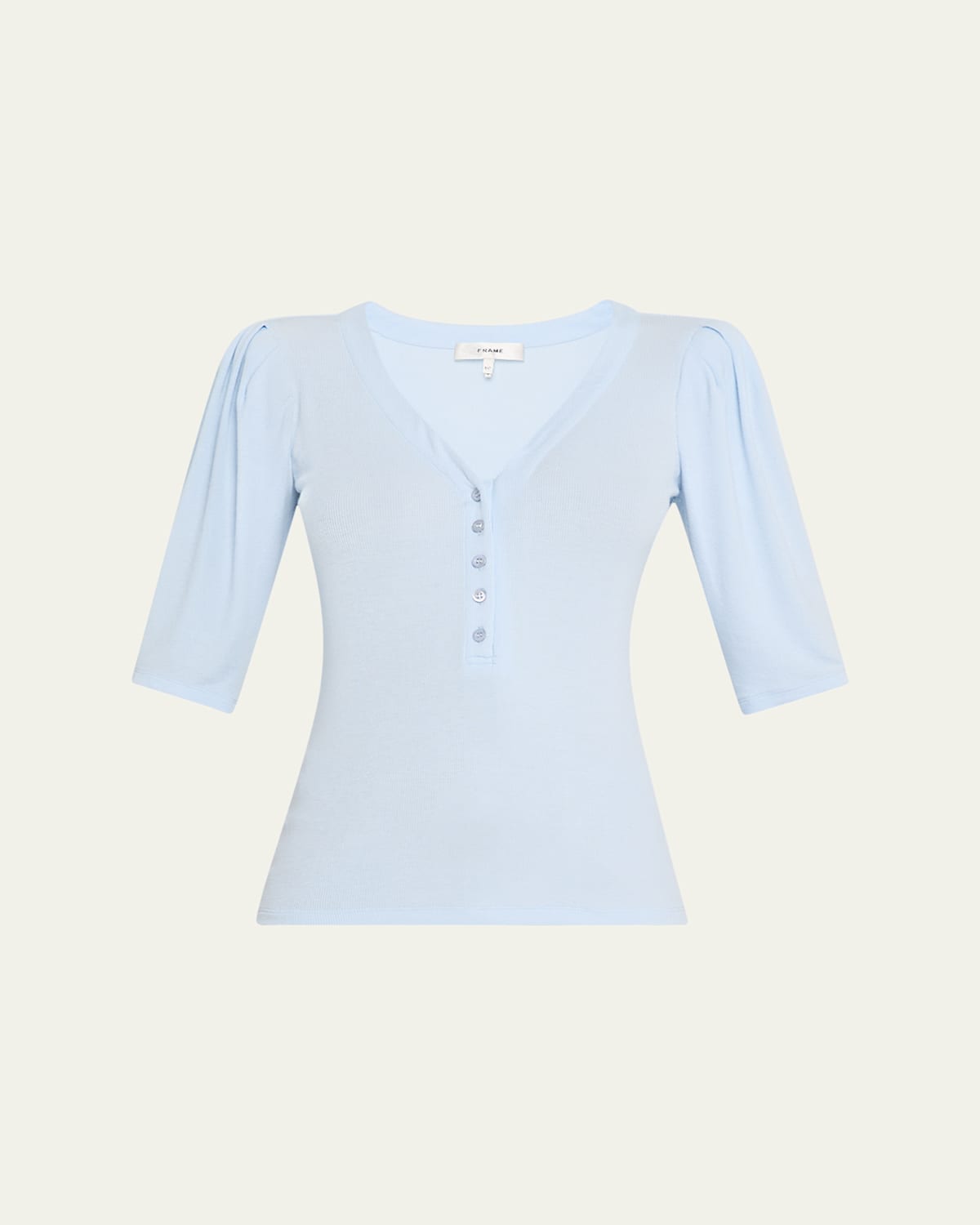 Frame Rib Ruched Short-sleeve Henley Top In Light Chambray