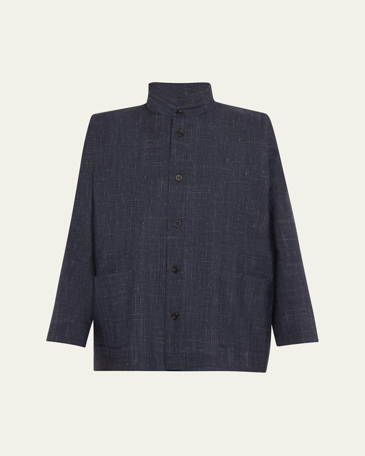 Eskandar Wool-linen Double Stand-collar Shirt Jacket In Navy