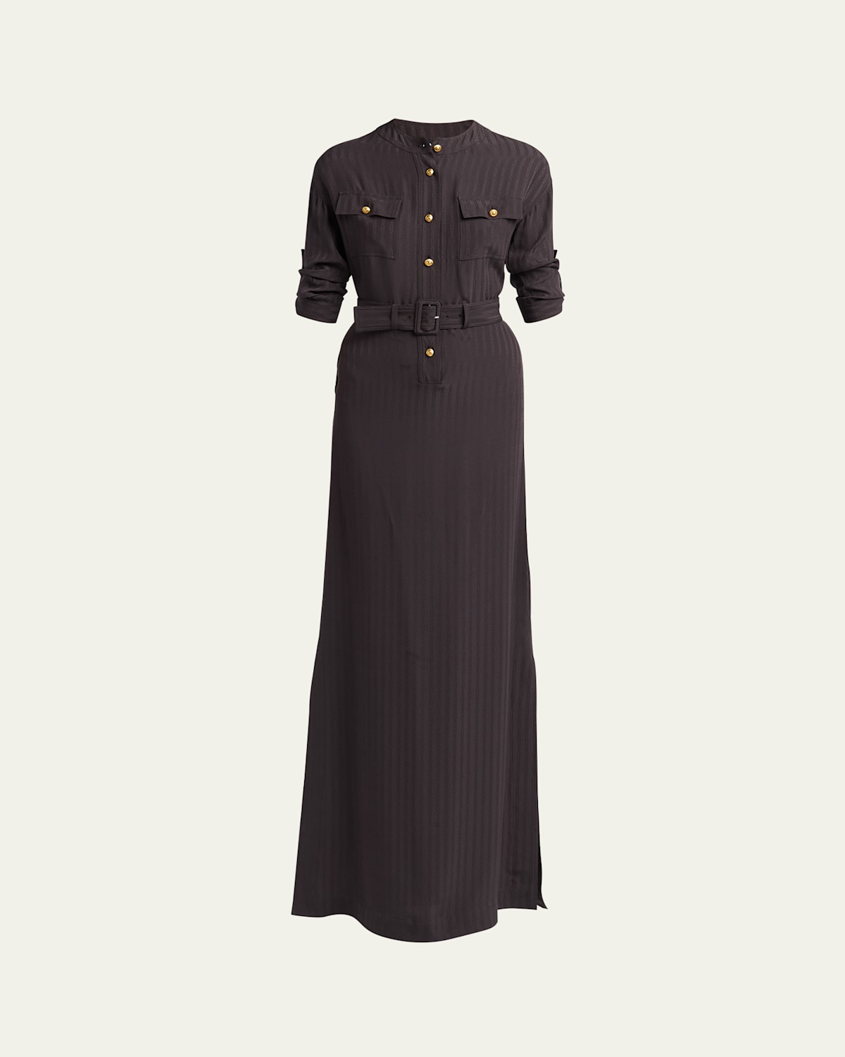 Shop Tom Ford Short-sleeve Belted Button-down Jacquard Gown In Dark Brown
