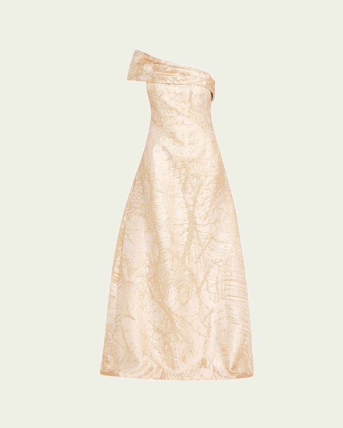 Rickie Freeman For Teri Jon One-shoulder Metallic Jacquard Gown In Ivorygold