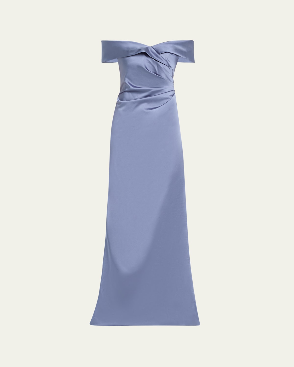 Rickie Freeman For Teri Jon Ruched Off-shoulder Stretch Gown In Slate