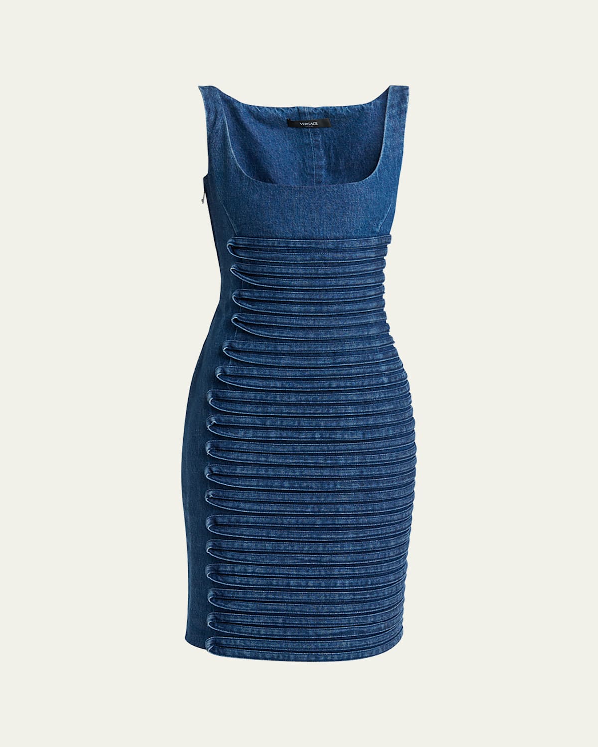 Versace Stripe Embroidered Sleeveless Denim Dress In Medium Blue