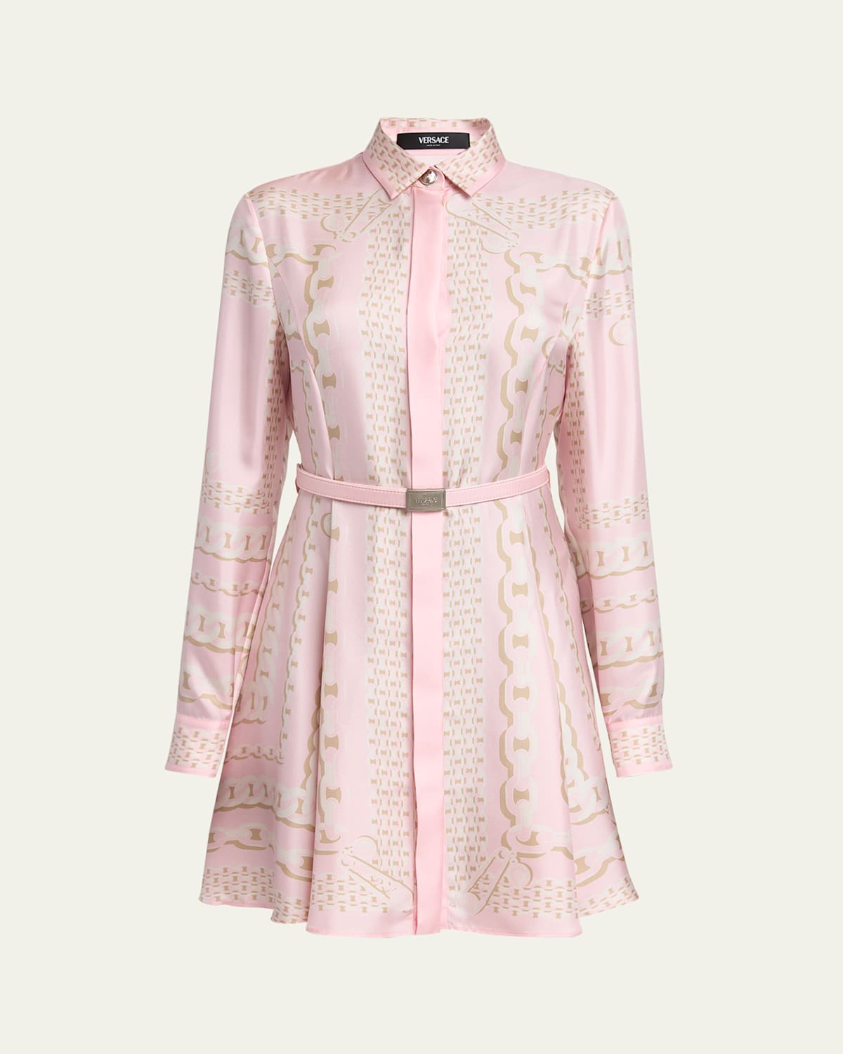 Versace Barocco Chain Pattern Mini Shirt Dress In Pastel Pink