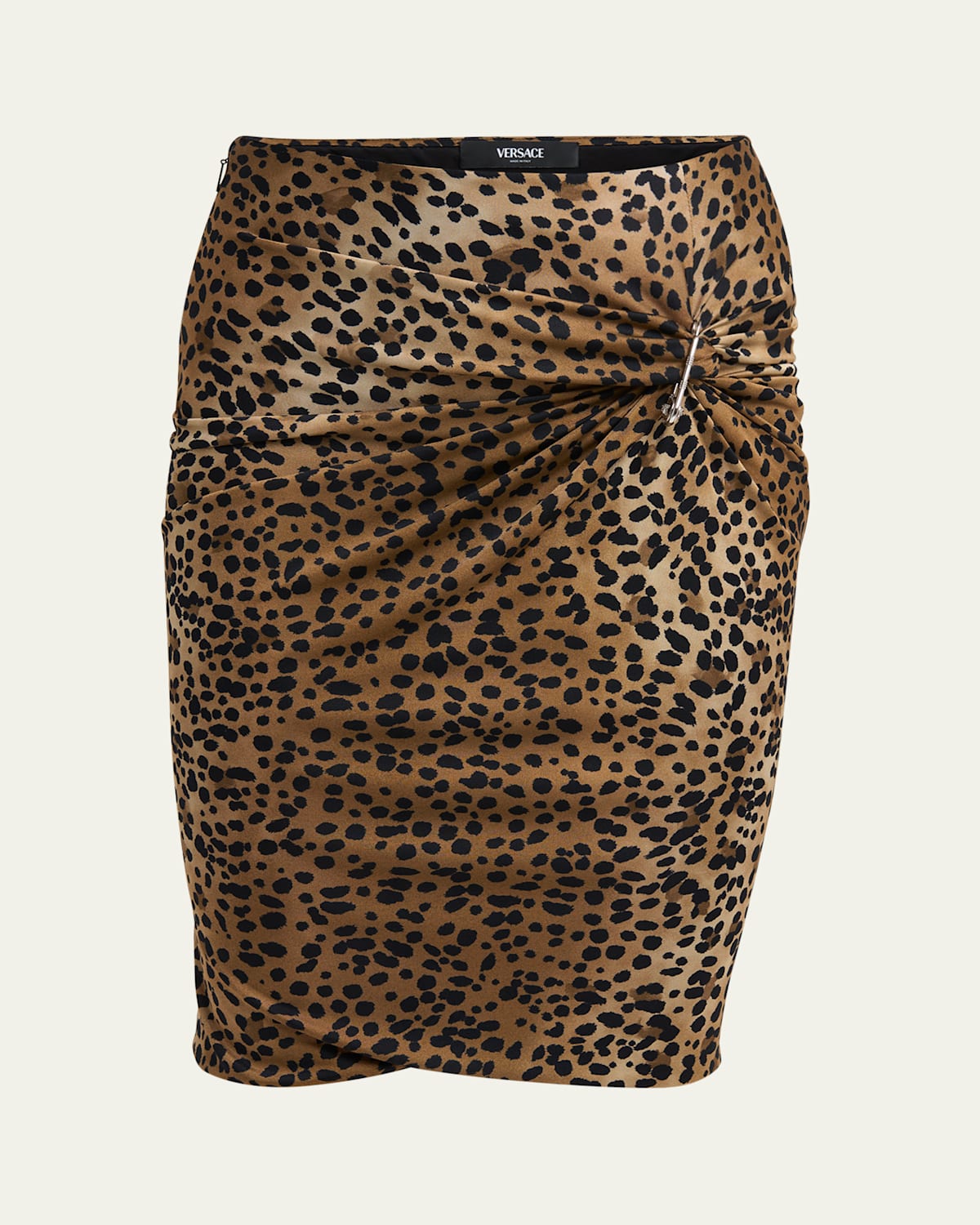 Shop Versace Leopard Pencil Skirt With Safety Pin Brooch In Naturalblack