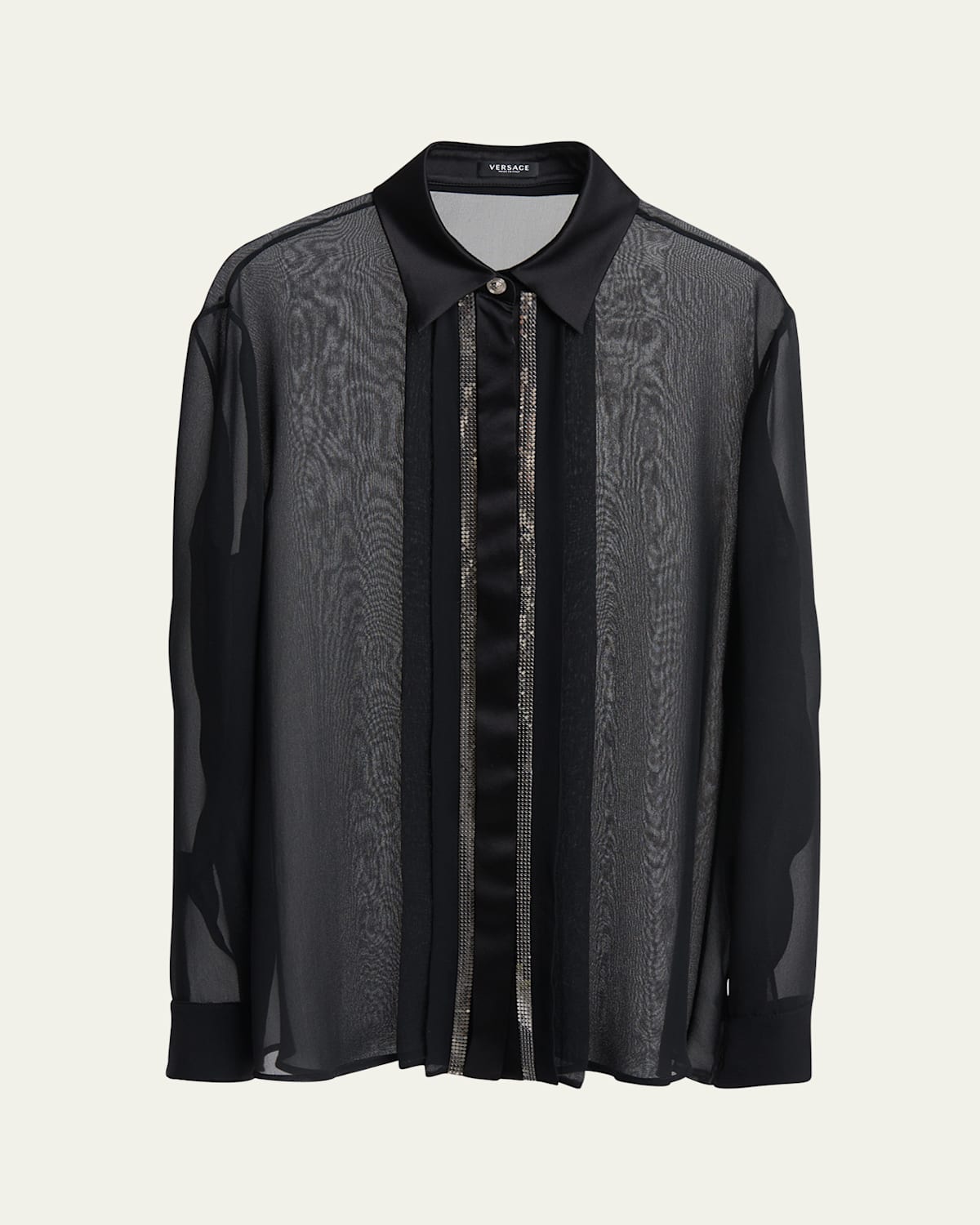 Versace Mesh Metal Silk Georgette Button Down Blouse In Black