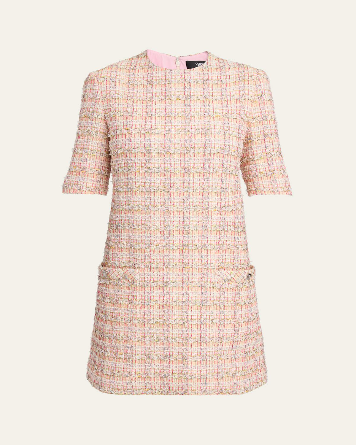 Versace Metallic Tweed Mini Dress In Pastel Pink