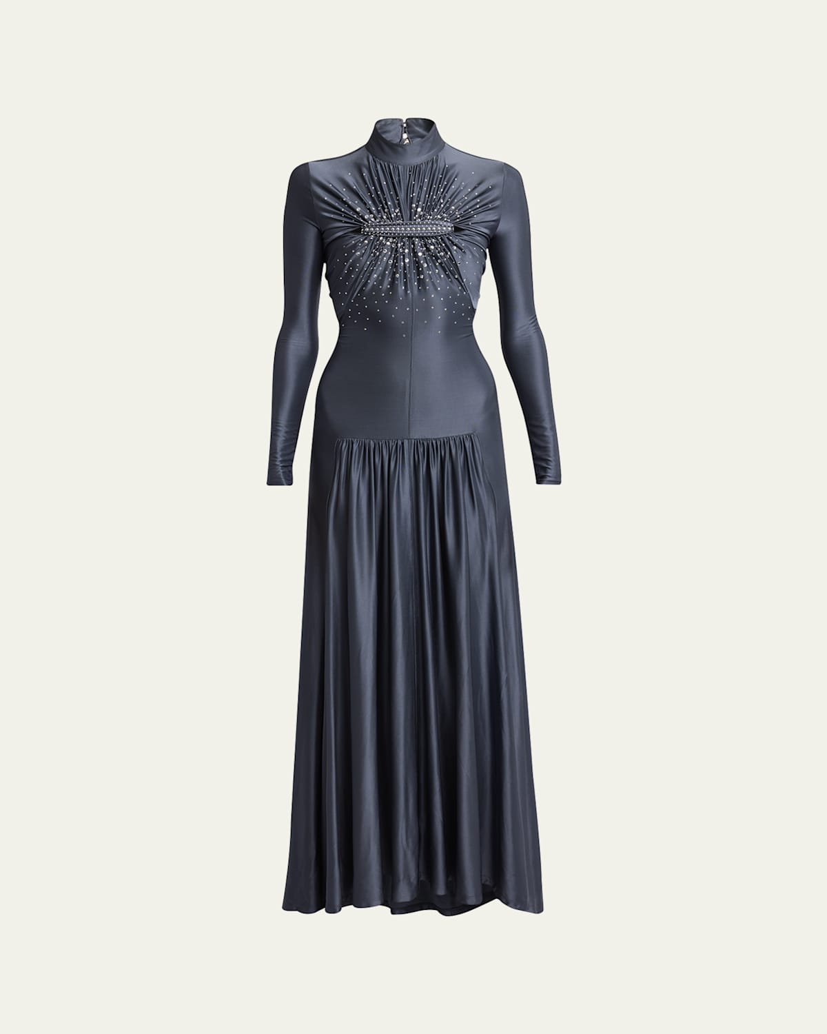 High-Neck Crystal Ruched Cutout Jersey Gown