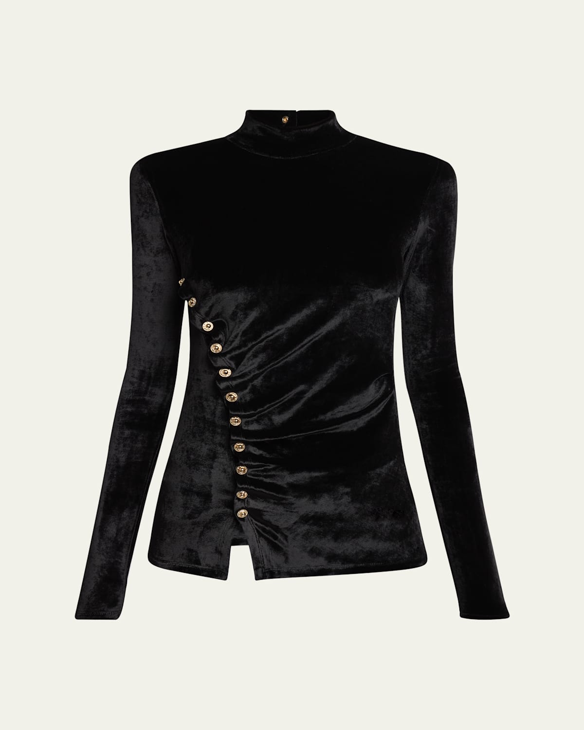 Shop Rabanne Ruched Velvet Side Button Mock Neck Top In Black