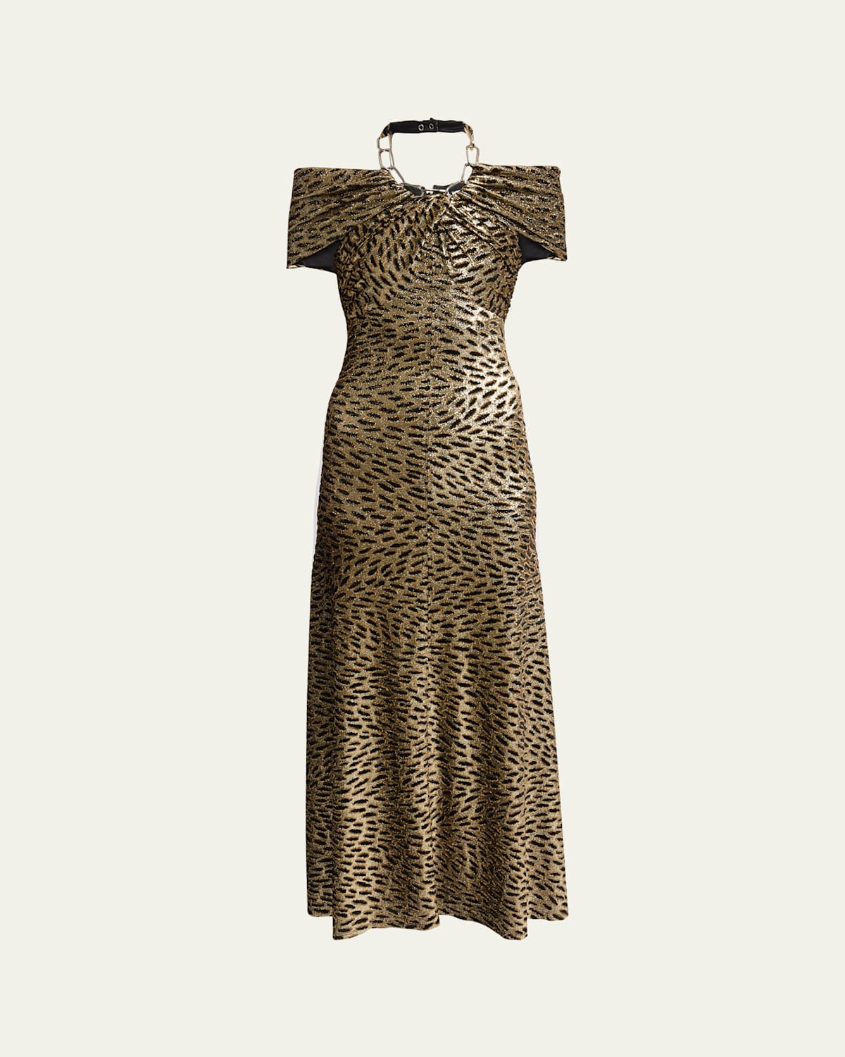 Shop Rabanne Chain Halter-neck Leopard Gown In Tiger Lurex Gold Cam