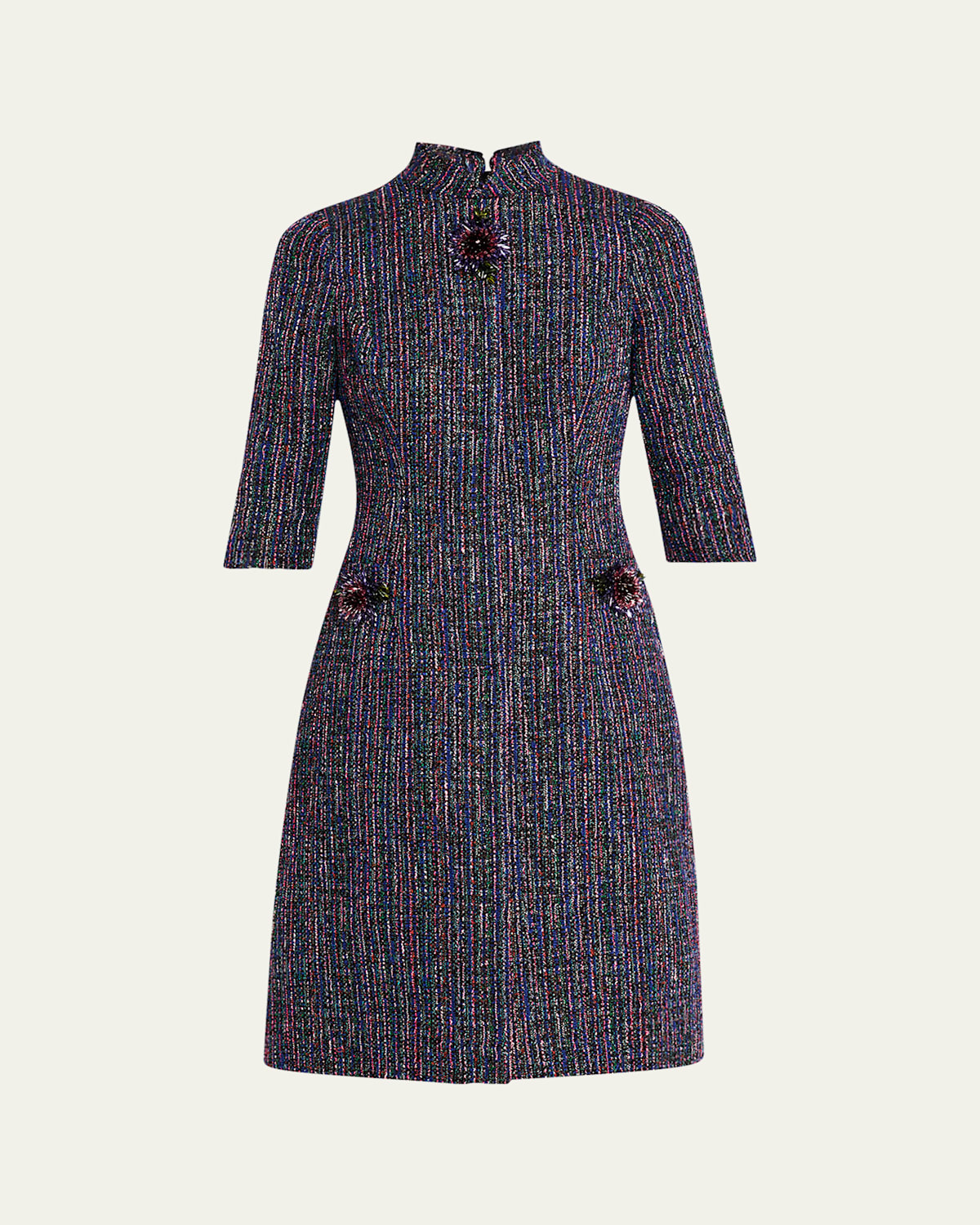 Elbow-Sleeve Metallic Tweed Dress