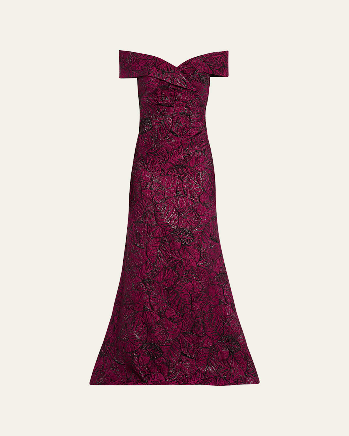 Off-Shoulder Metallic Leaf Jacquard Gown