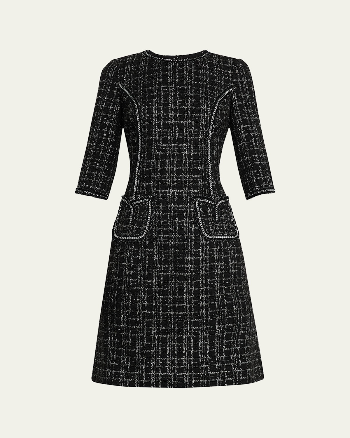 Chain-Trim Metallic Plaid Boucle Dress