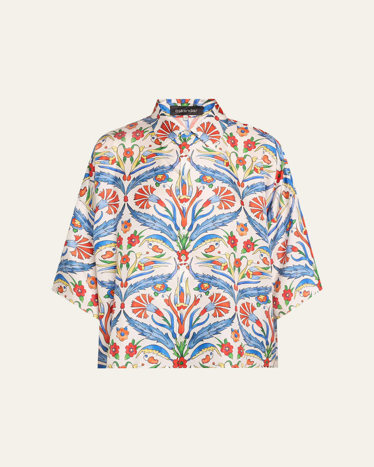 ESKANDAR PRINTED SLOPED-SHOULDER WIDE A-LINE SHORT-SLEEVE SHIRT WITH COLLAR (MID LENGTH) 