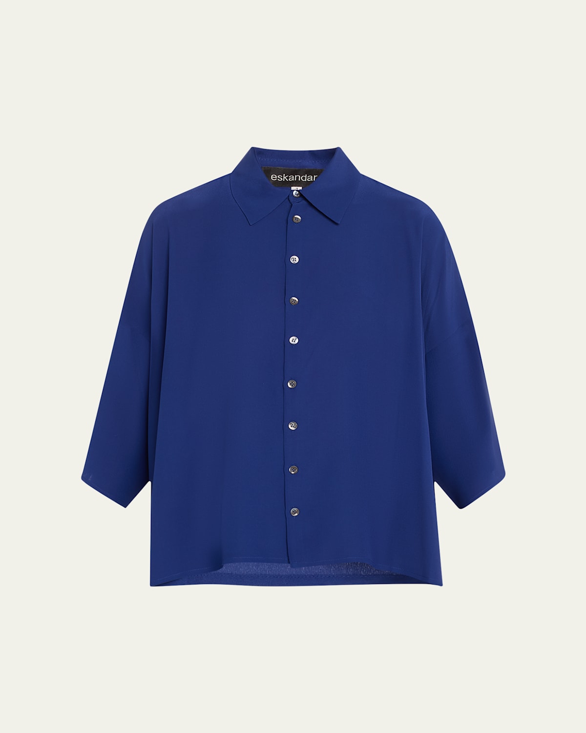 ESKANDAR SLOPED-SHOULDER WIDE A-LINE SHORT-SLEEVE SHIRT WITH COLLAR (MID LENGTH) 