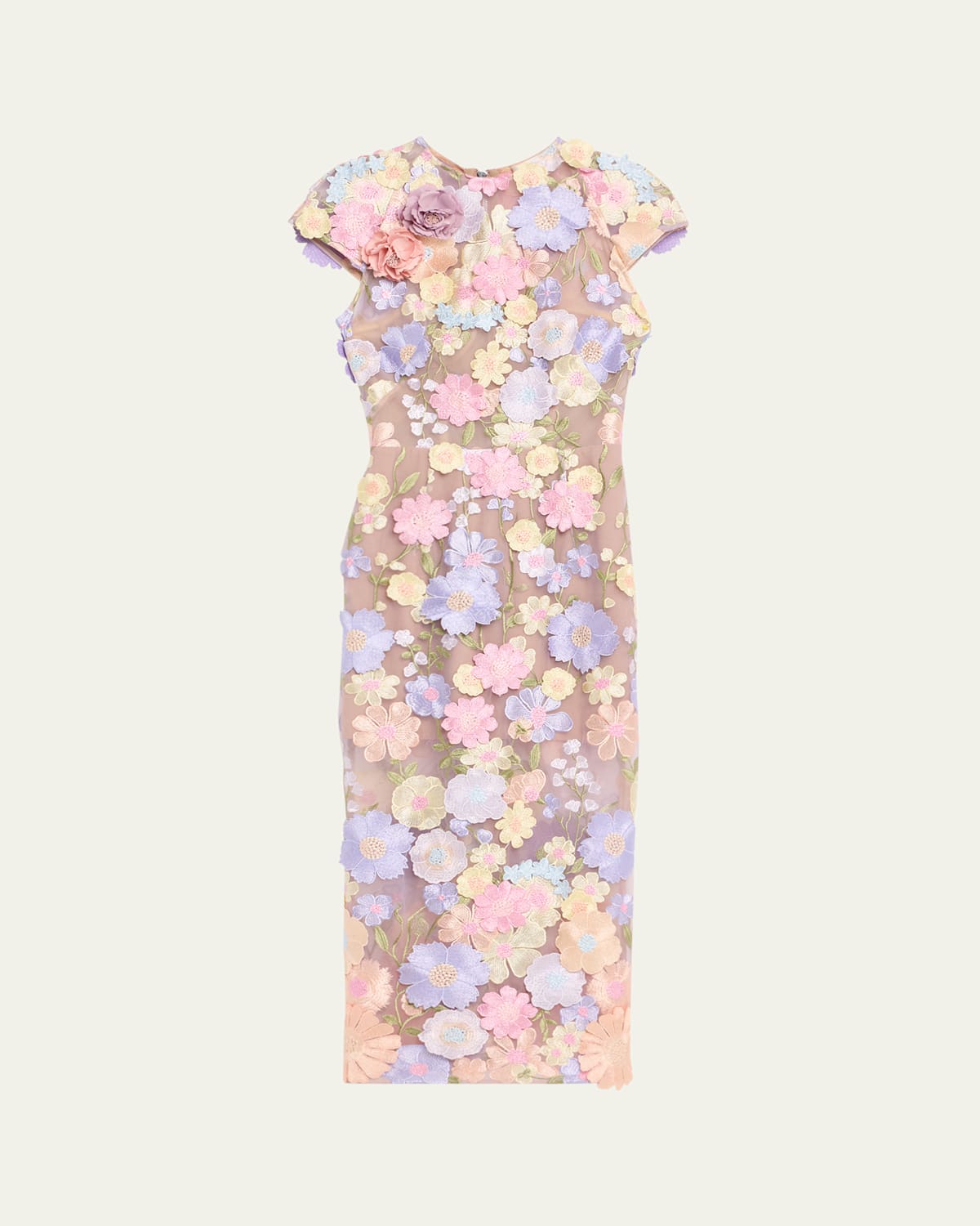 Jasmine Floral-Embroidered Midi Sheath Dress