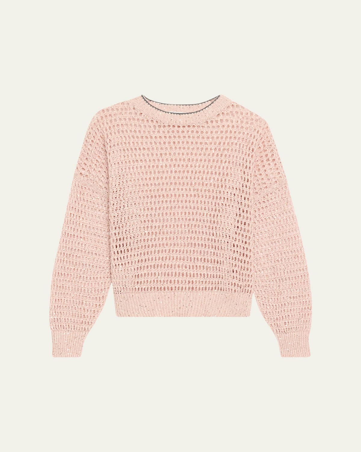 Brunello Cucinelli Linen Paillette Open Knit Crewneck Sweater In Pink