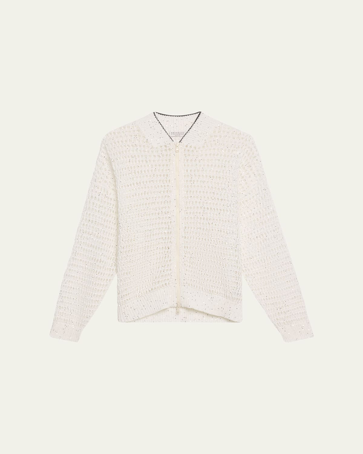 BRUNELLO CUCINELLI LINEN PAILLETTES OPENWORK NET STITCHED CARDIGAN 