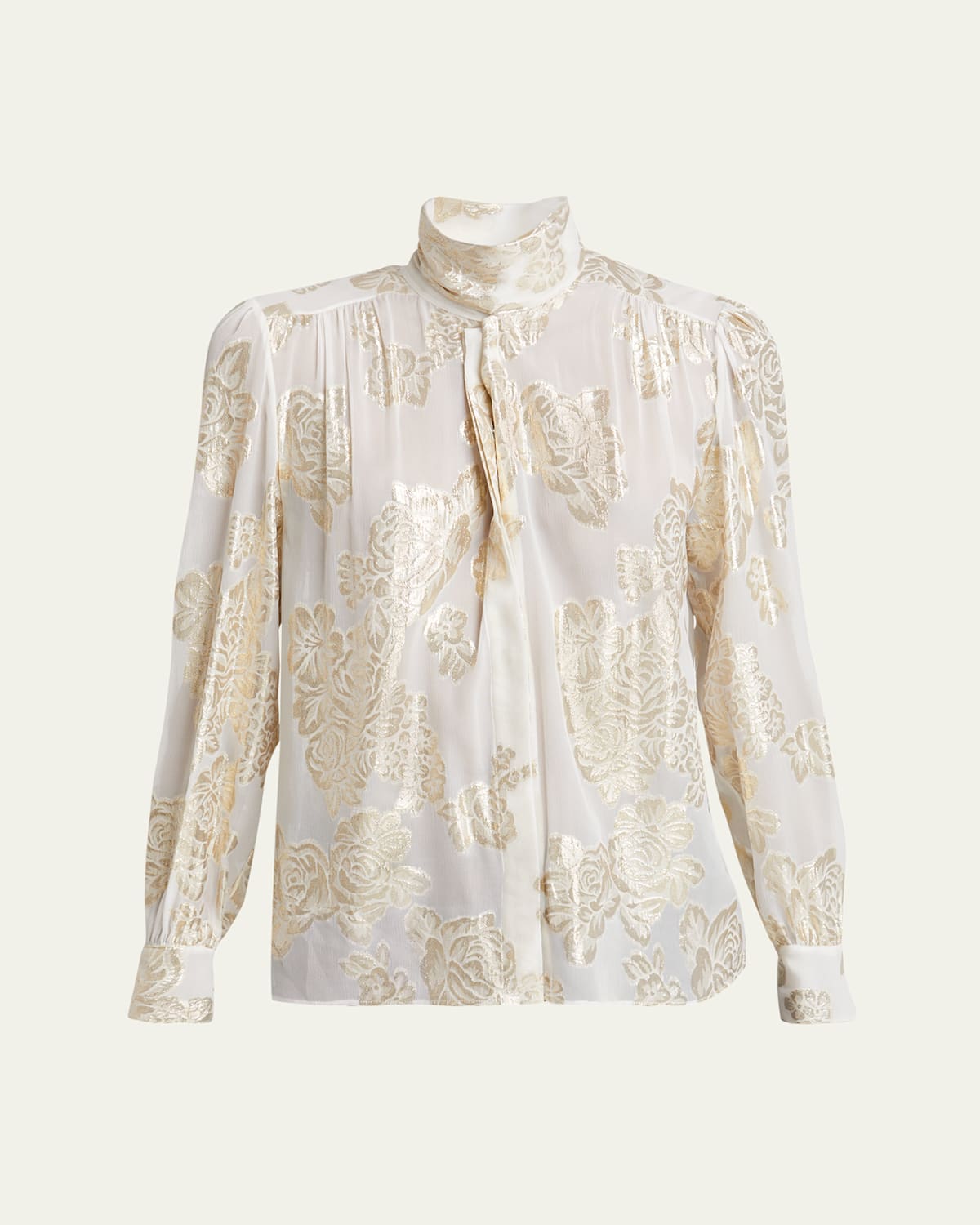 Chloé Metallic Floral Silk Scarf-neck Top In Coconut Milk