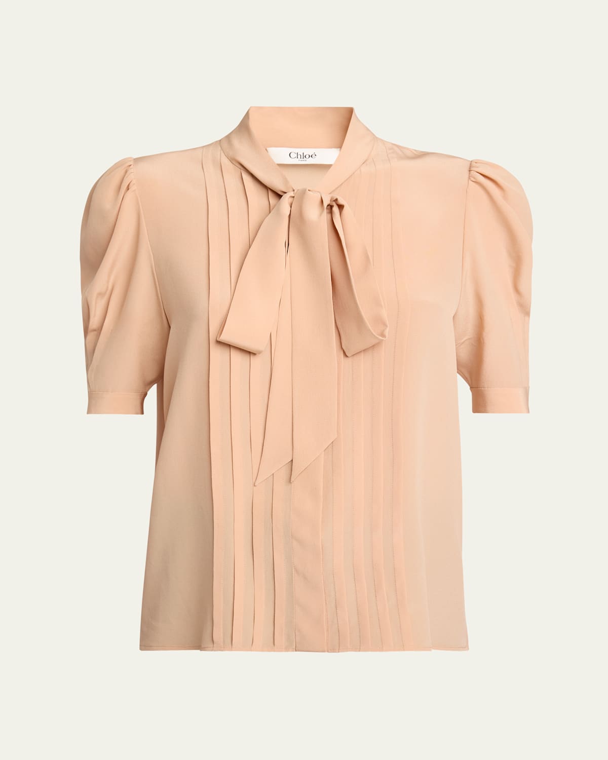 Neck-Tie Pleated Puff-Sleeve Silk Top