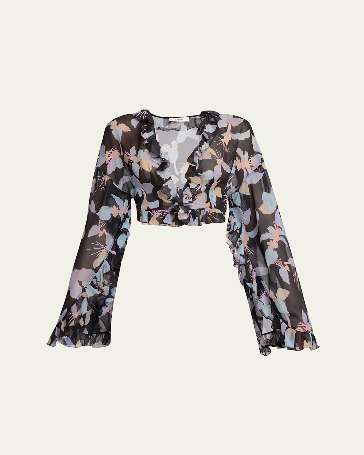 Chloé Floral Print Silk Georgette Cropped Top In Black