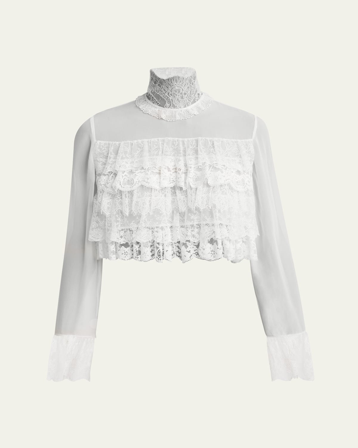 Chloé Lace Ruffle Long-sleeve Silk Crop Top In Iconic Milk