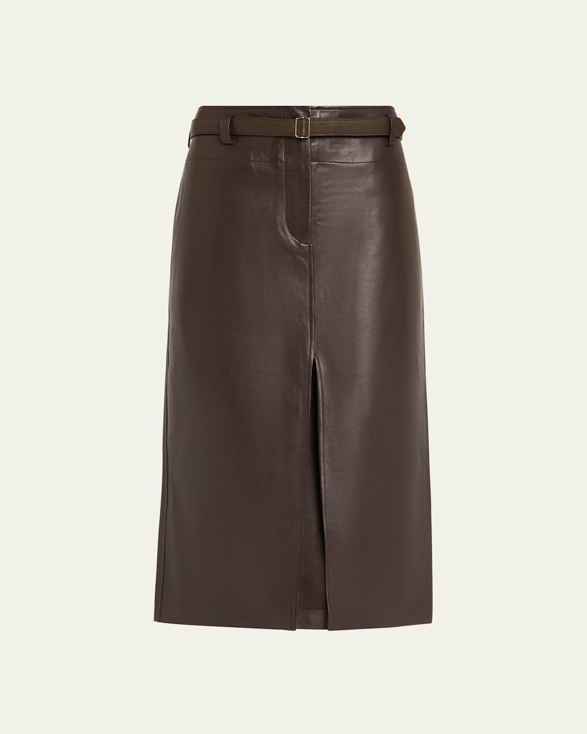 Leather Belted Front Split Midi Skirt