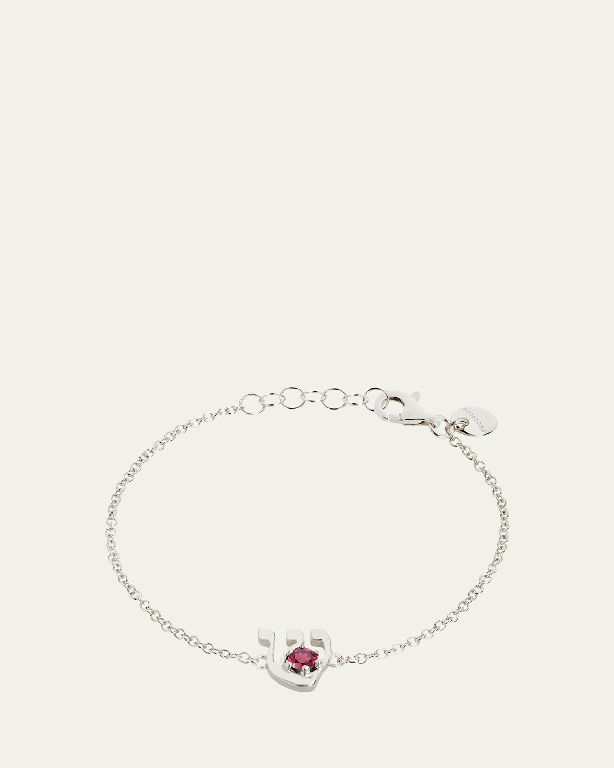 18K Gold Hebrew SHIN Ruby Initial Bracelet, 6.7"L