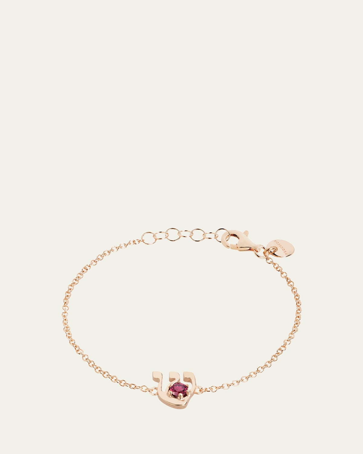 18K Gold Hebrew SHIN Ruby Initial Bracelet, 6.7"L
