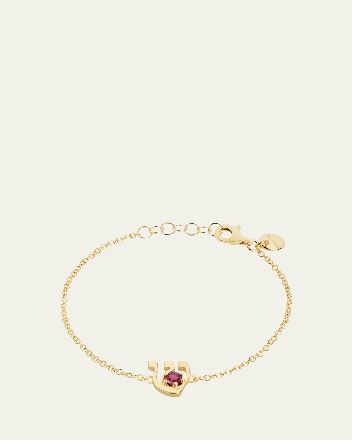 18K Gold Hebrew SHIN Ruby Initial Bracelet, 6.7"L