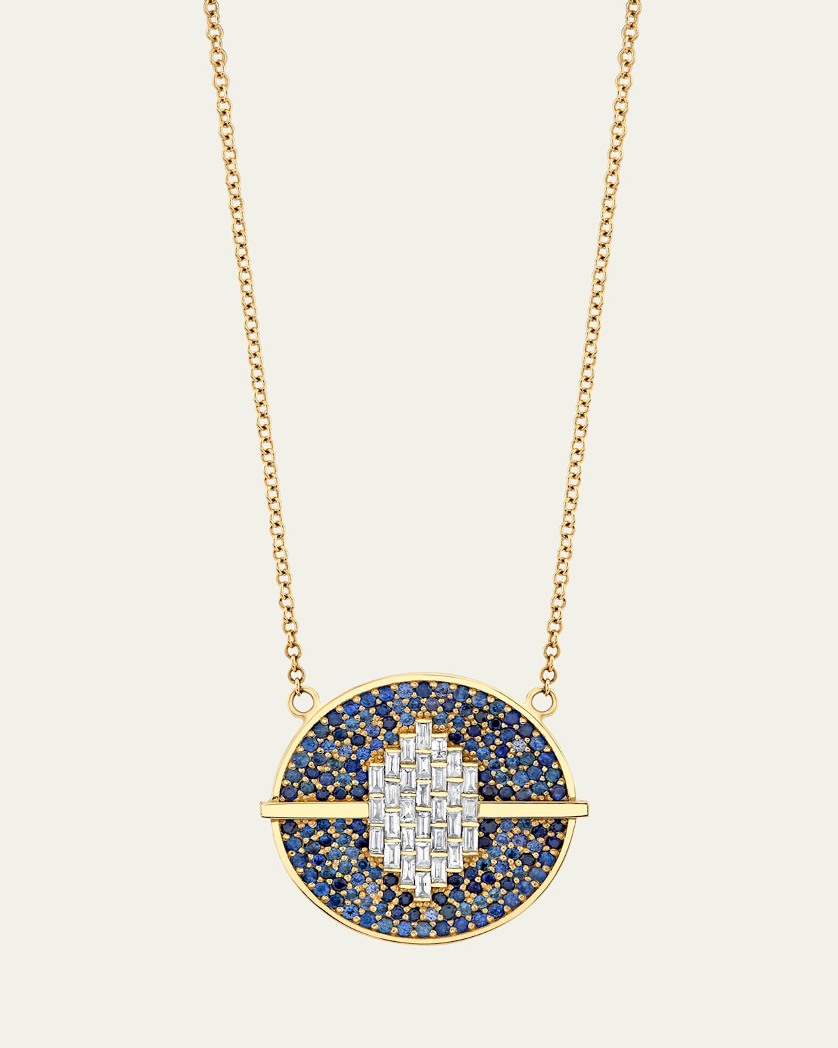 14K Gold Orbit Sapphire and Diamond Token Necklace
