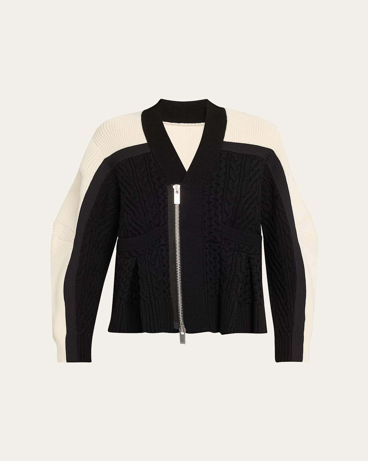 Sacai Colorblock Zip-front Cable Wool Cardigan In Black X Off White