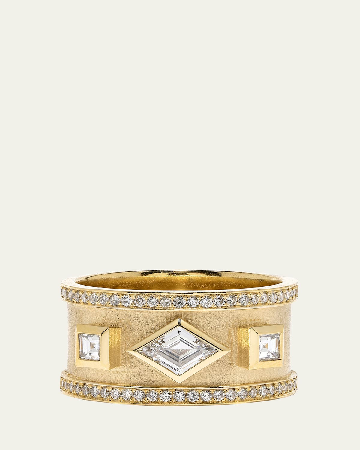 18K Yellow Gold Lozenge, Carre, and Round Diamond Ring, Size 7.5