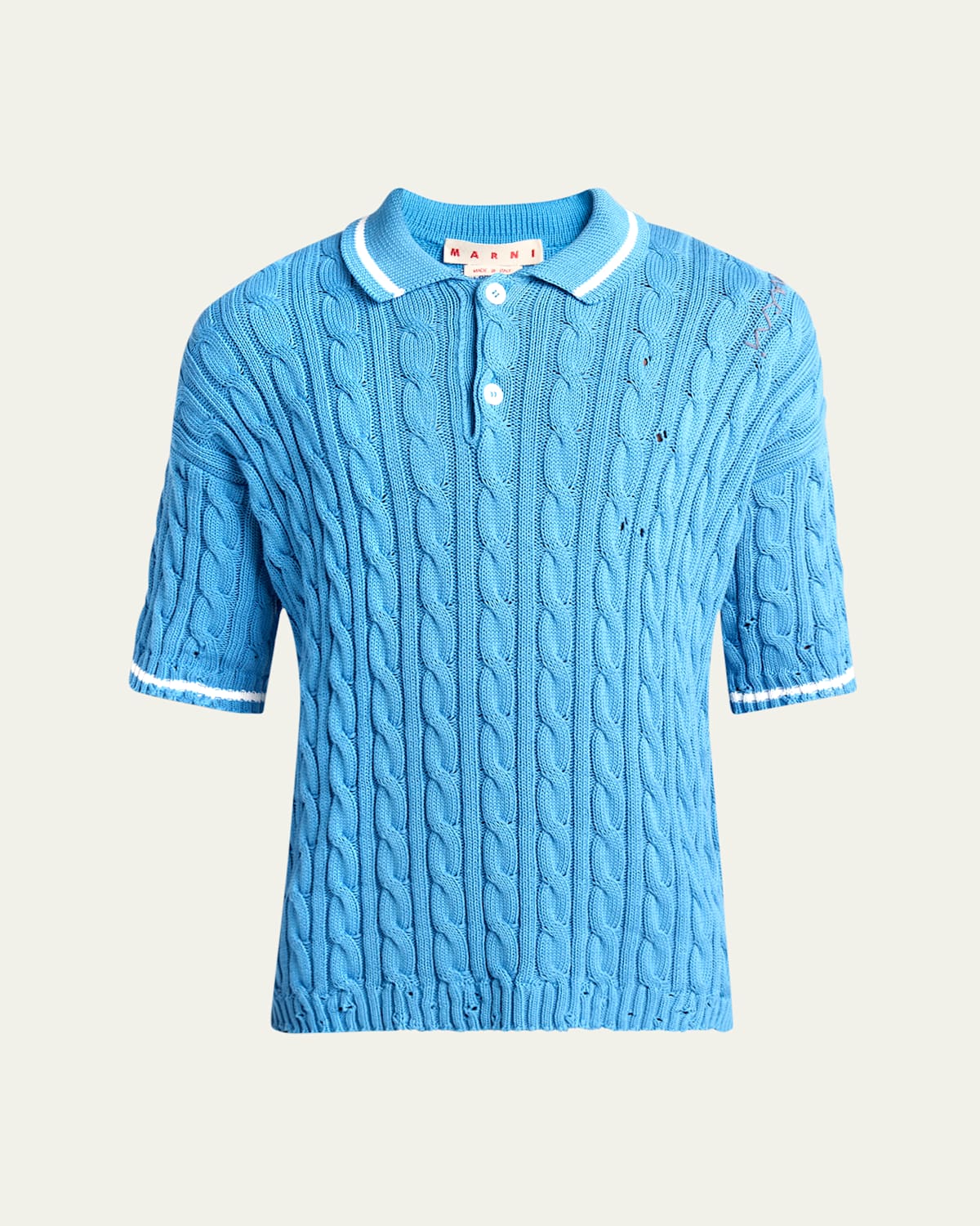 MARNI MEN'S DISTRESSED CABLE-KNIT POLO SHIRT