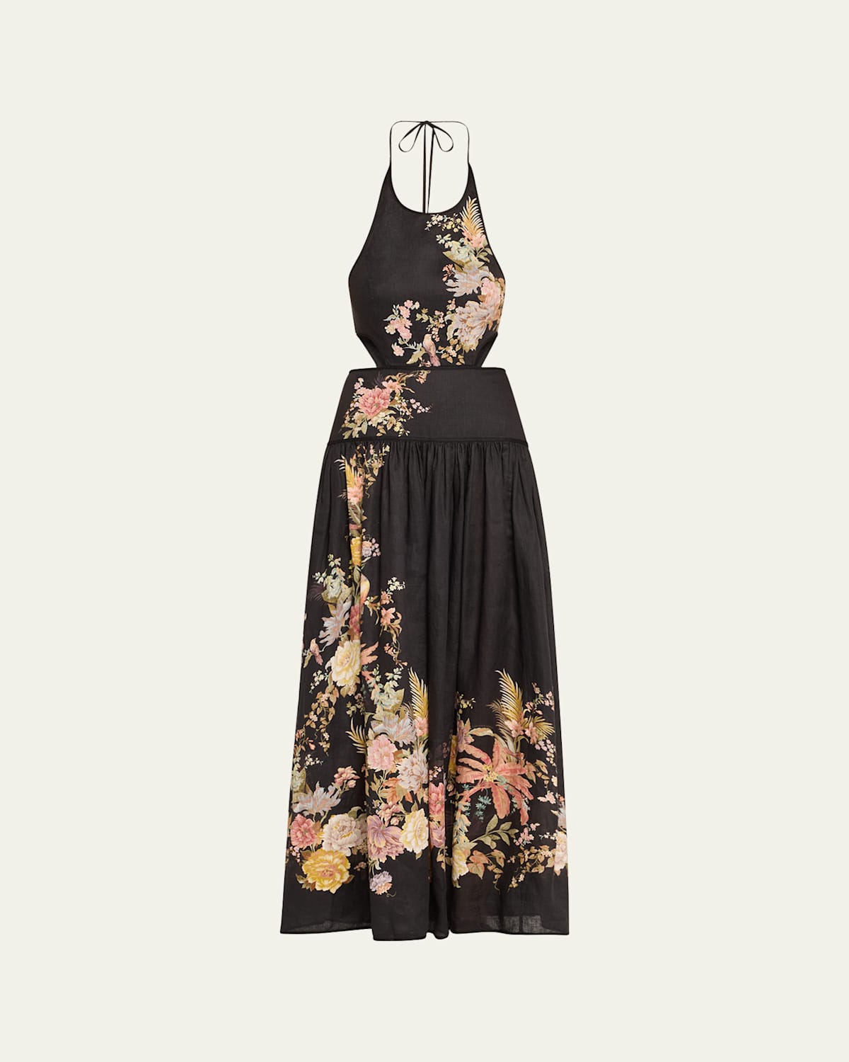 Zimmermann Tallow Cutout Floral-print Linen Halterneck Midi Dress In Black Multi Floral