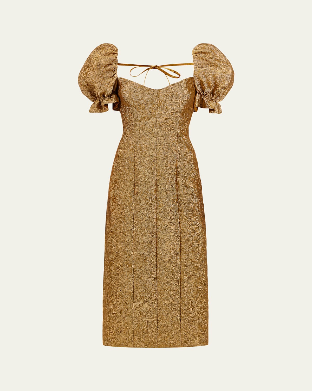 Farrah Brocade Puff-Sleeve Column Midi Dress