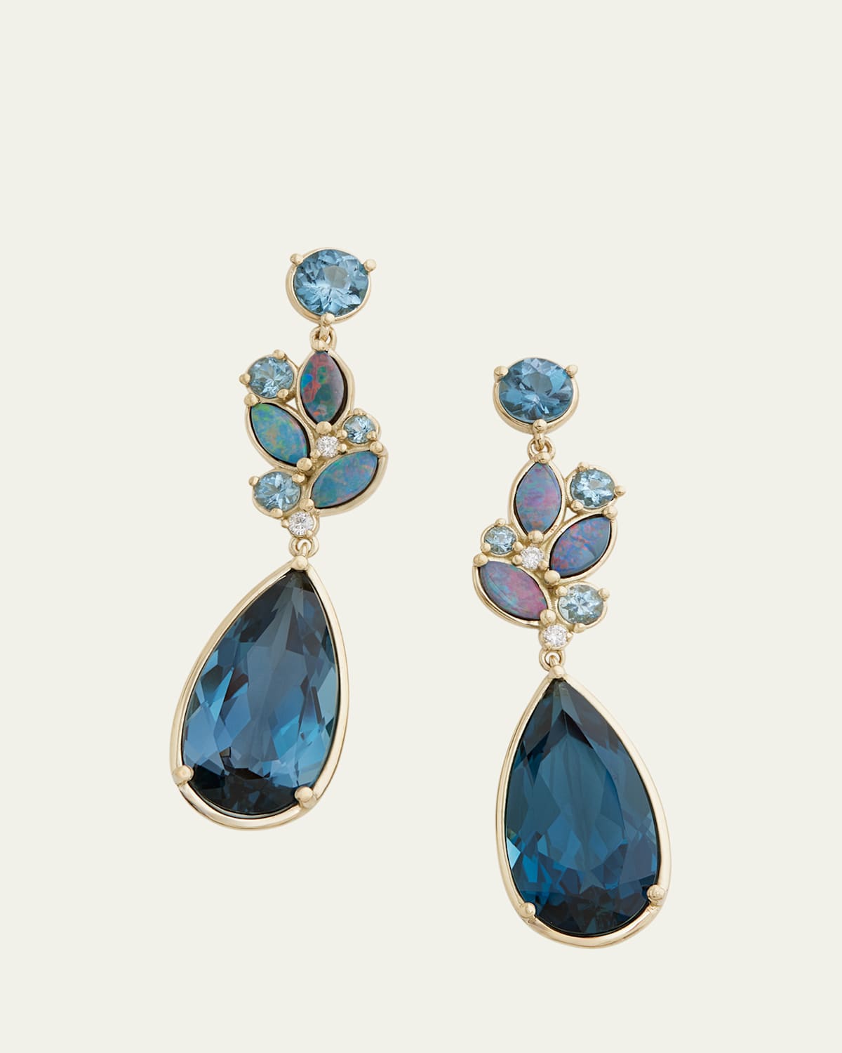 18K Yellow Gold Long Floral Earrings with Diamonds and Gemstones