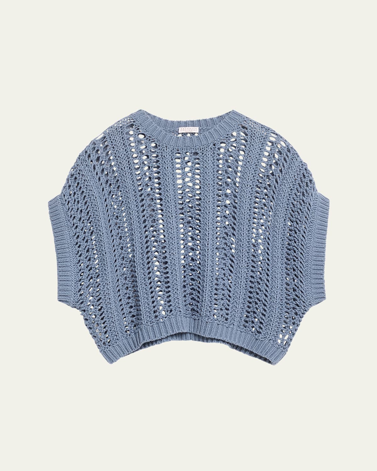 Brunello Cucinelli Short-sleeve Cotton Springtime Net Knit Sweater In Blue