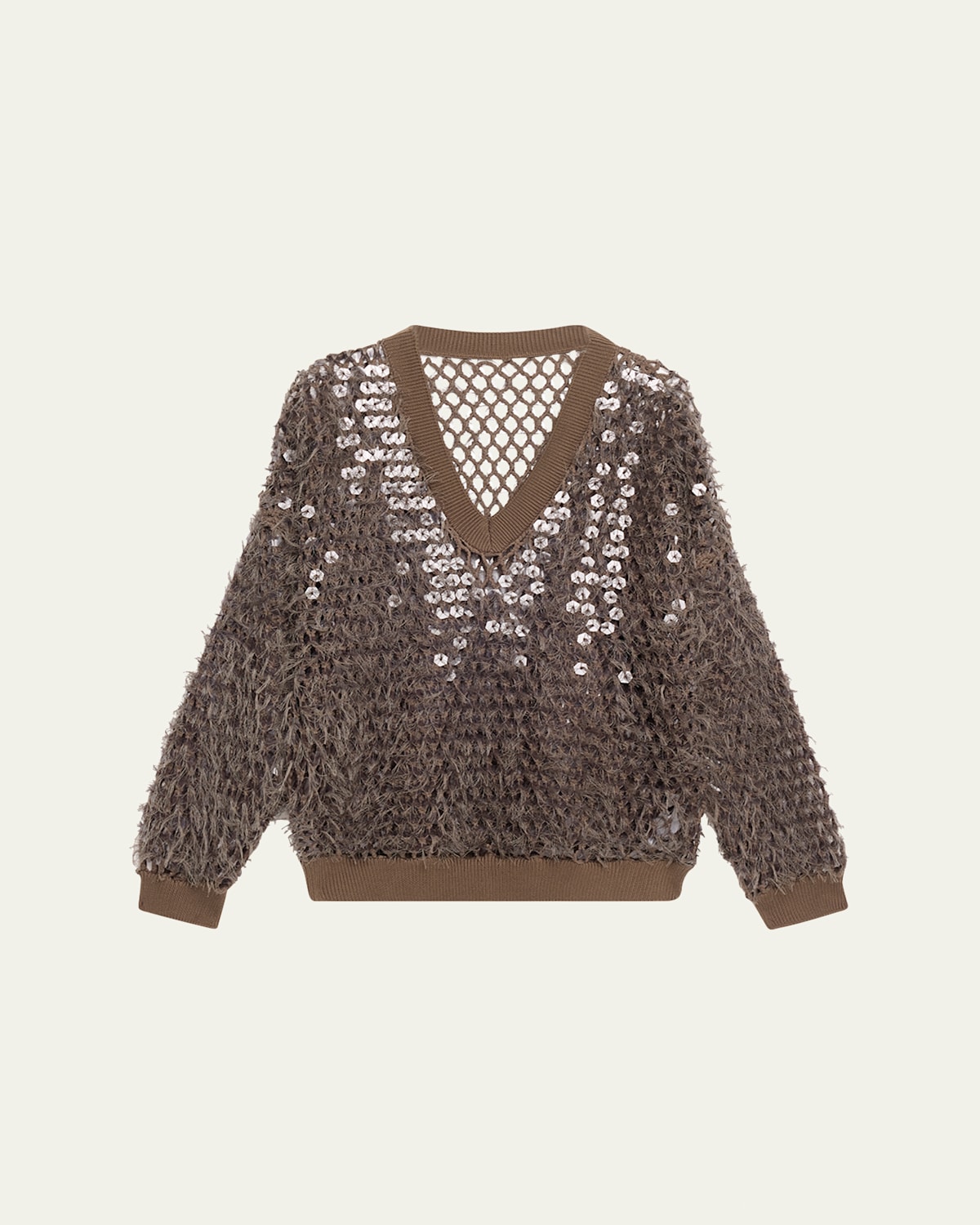 BRUNELLO CUCINELLI FRINGE MOSAIC YARN NET EMBROIDERED V-NECK SWEATER 