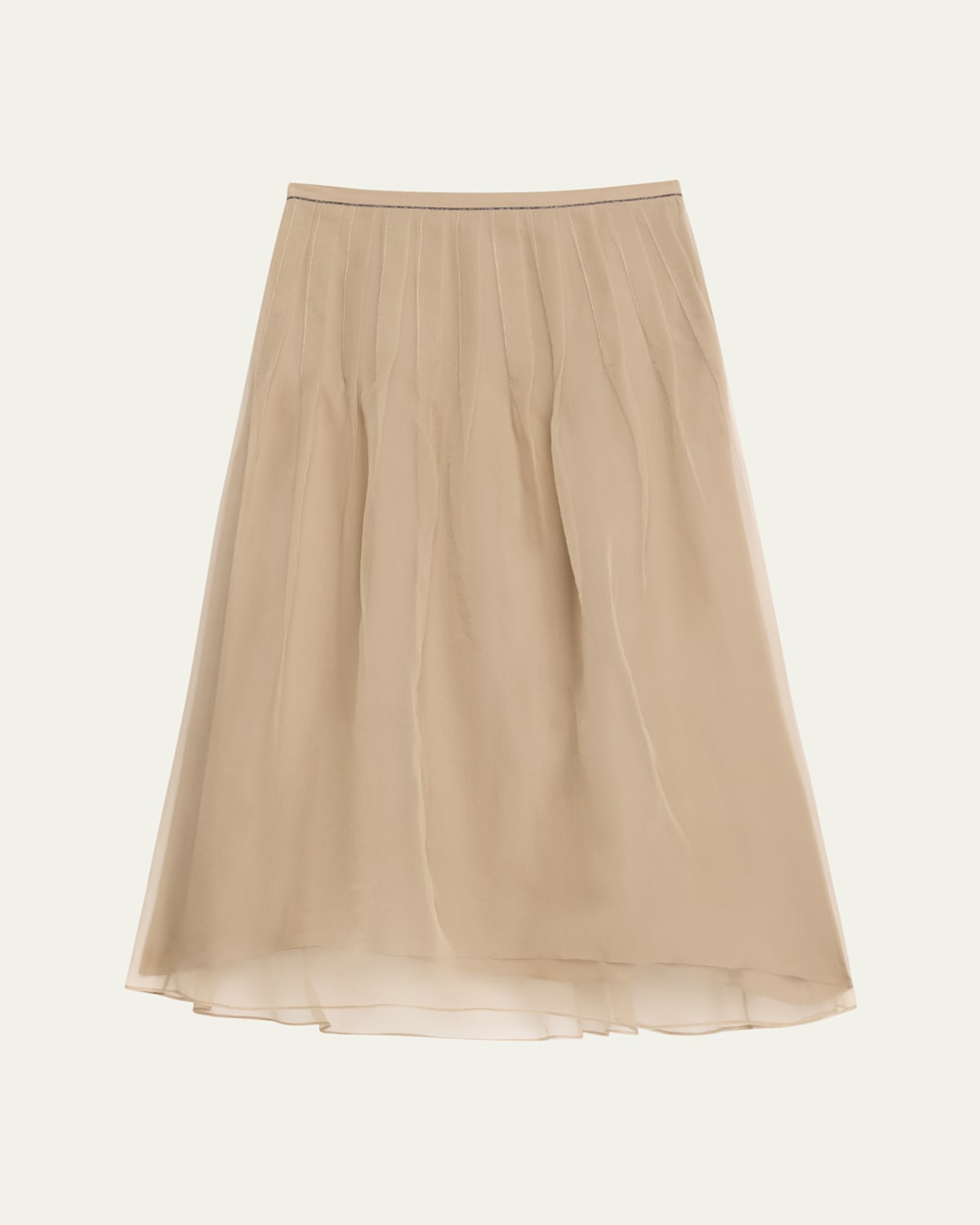 Brunello Cucinelli Pleated Crispy Silk Organza Midi Skirt With Monili Trim In Brown
