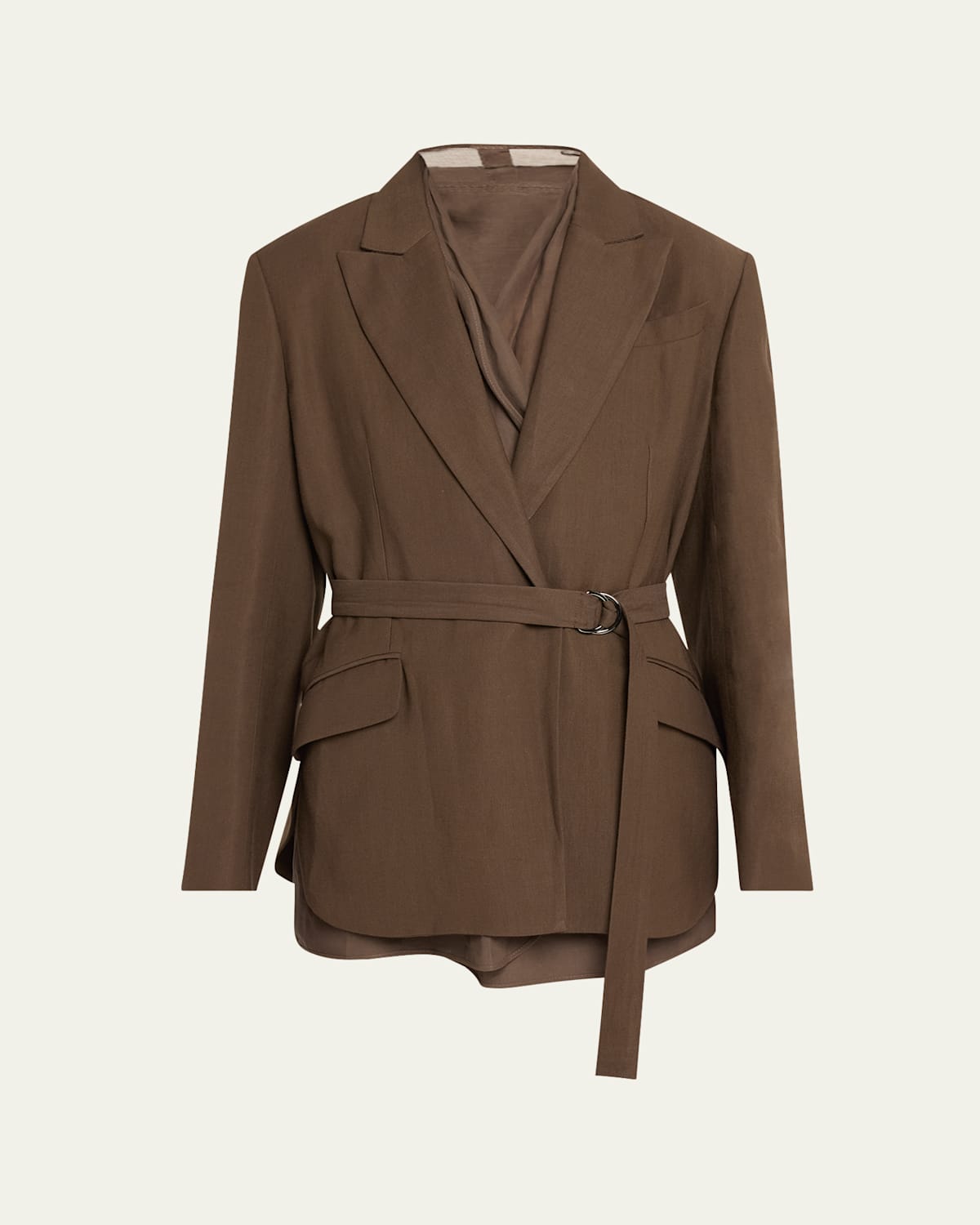 Brunello Cucinelli Belted Linen Twill Blazer In Chocolate