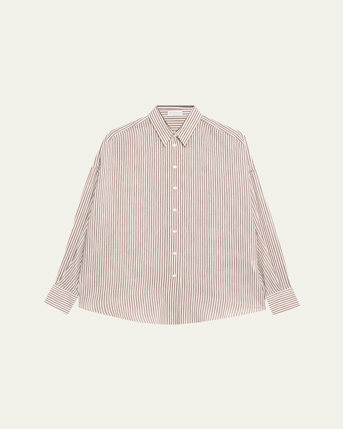 BRUNELLO CUCINELLI STRIPE BUTTON DOWN LINEN SHIRT WITH PIPING COLLAR 